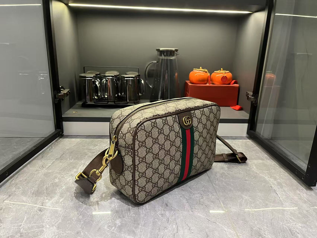 Gucci Ophidia Medium GG Supreme Canvas Shoulder Crossbody Bag with Web Stripe and Leather Trim (23.9 x 15 x 3.8) cm